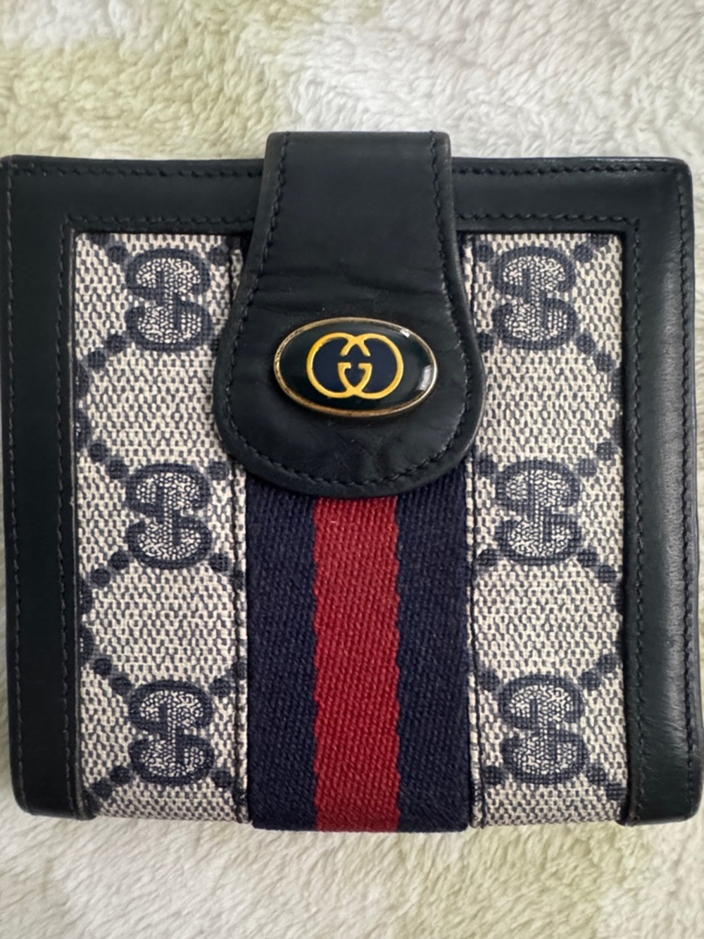 Gucci Navy/Red/Cream Anniversary  edition Monogram Bifold Wallet VTG. 1980’s